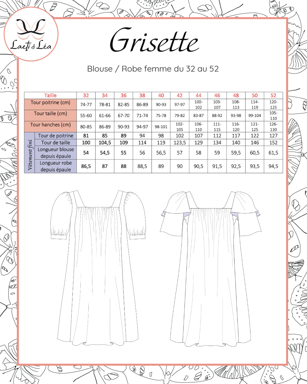 Blouse / Robe Grisette Femme 32-52 (Patron de couture)